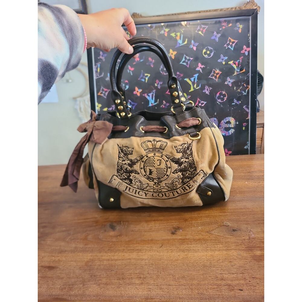Y2K Vintage Juicy Couture Velour Daydreamer Bag Tan Brown Scottie Dogs